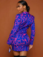 Allover Print Shawl Collar Rhinestone Buckle Side Blazer Dress