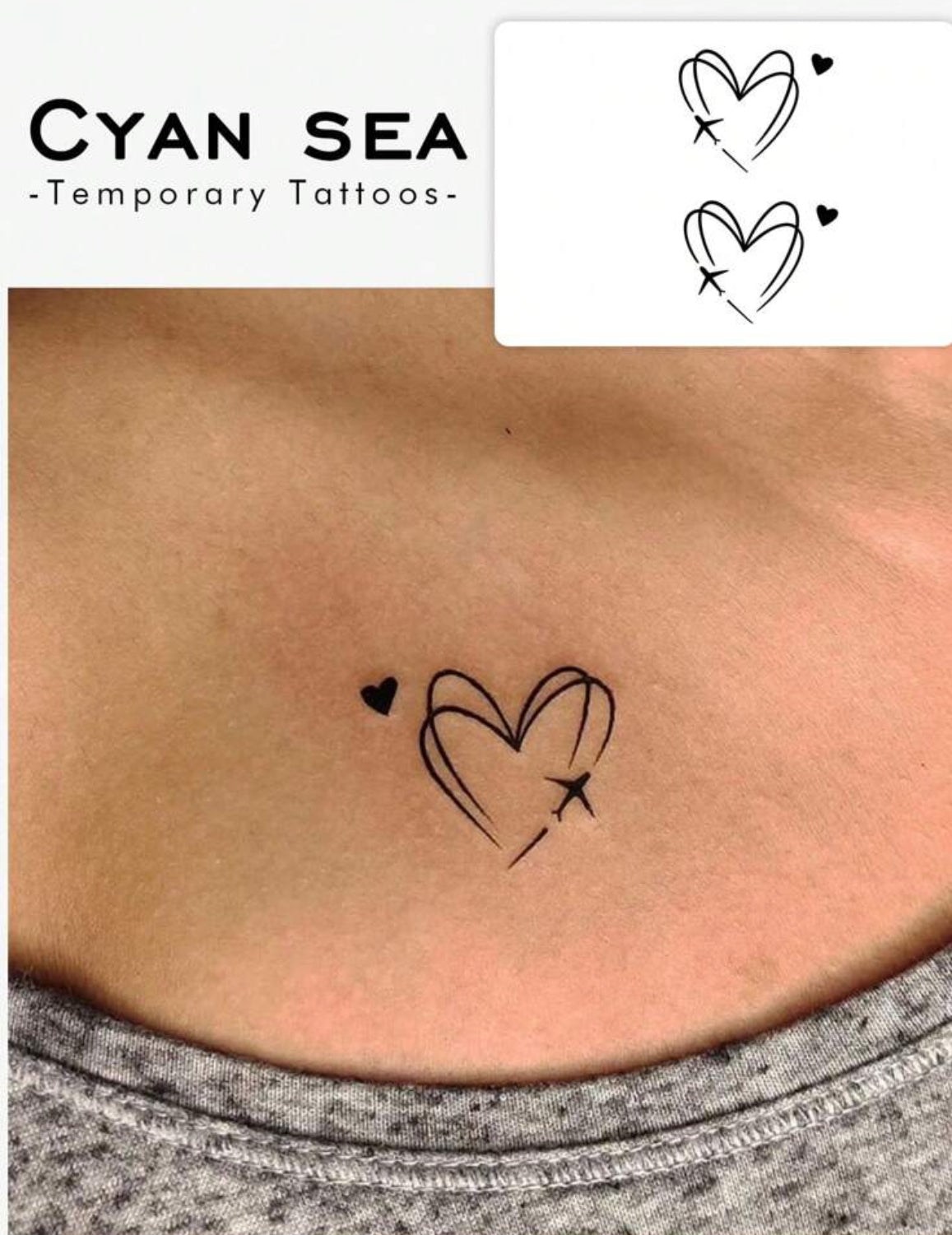 Tatouage Temporaire Minimaliste – Cœur & Avion