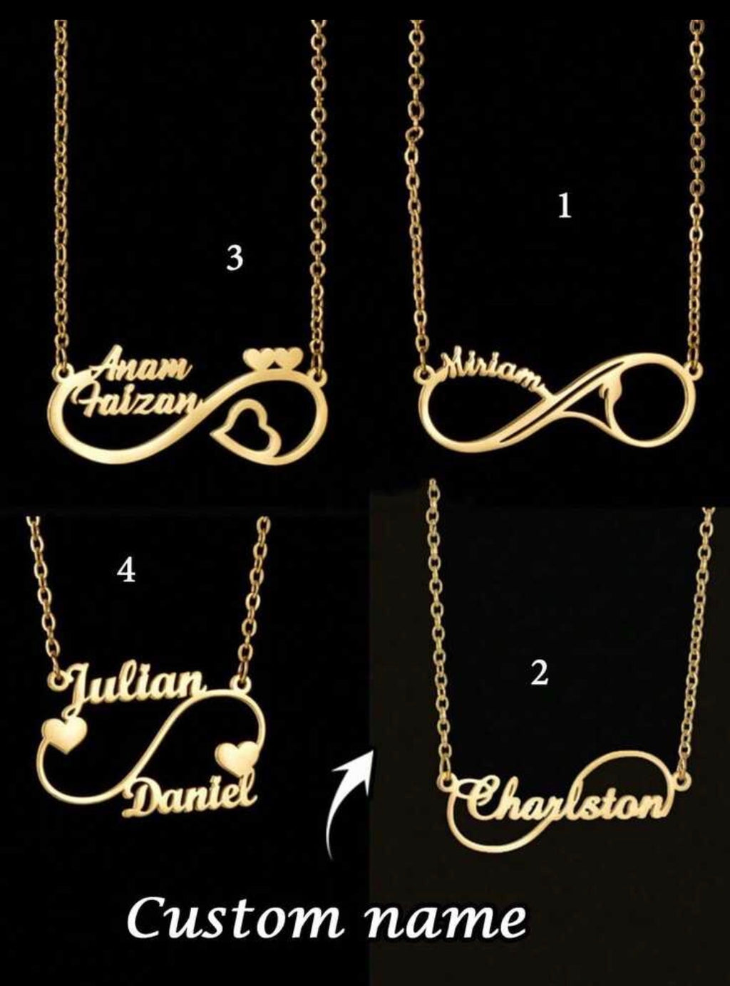 Collier Infinity Personnalisé avec Deux Noms et Cœurs