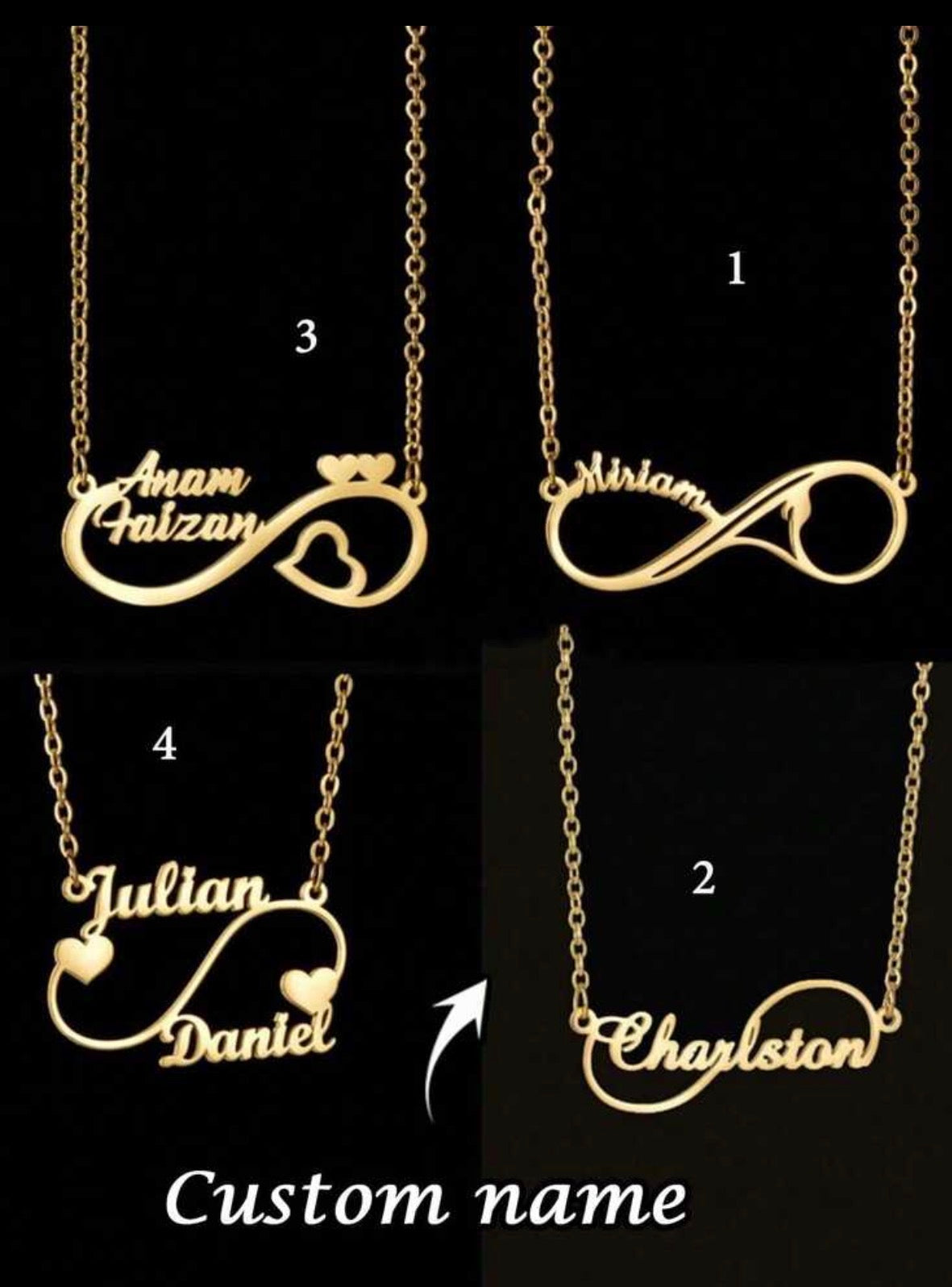 1PC Collier personnalisé Deux Noms et Cœurs Infinity