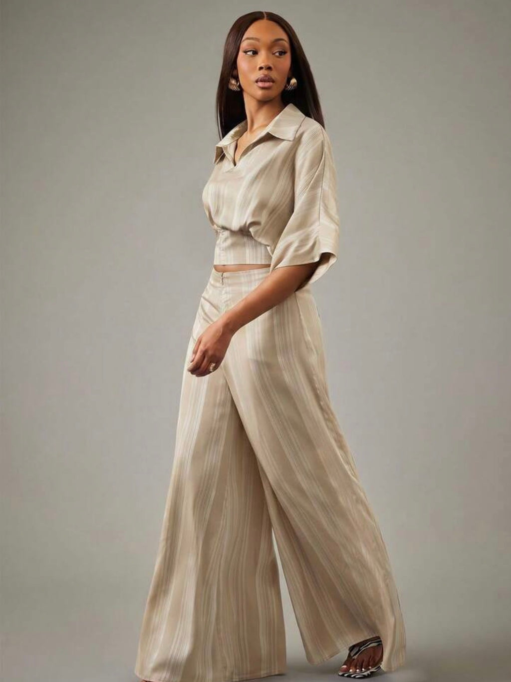 Sand Elegance Women's Set – Crop Top & Striped Palazzo Pants
