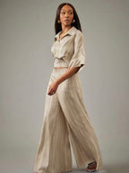 Ensemble Femme Élégance Sable – Haut Court & Pantalon Palazzo Rayé