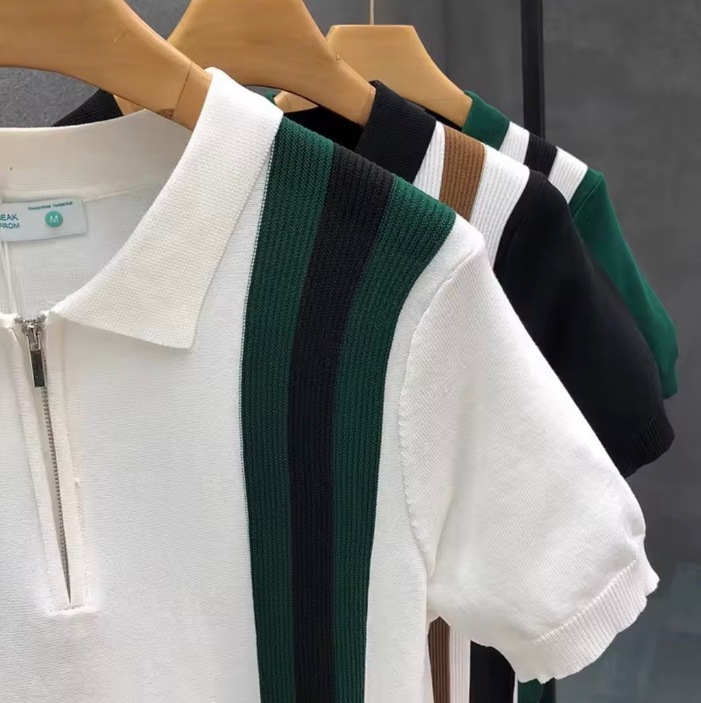 Men's Striped Knit Zip Polo Shirt