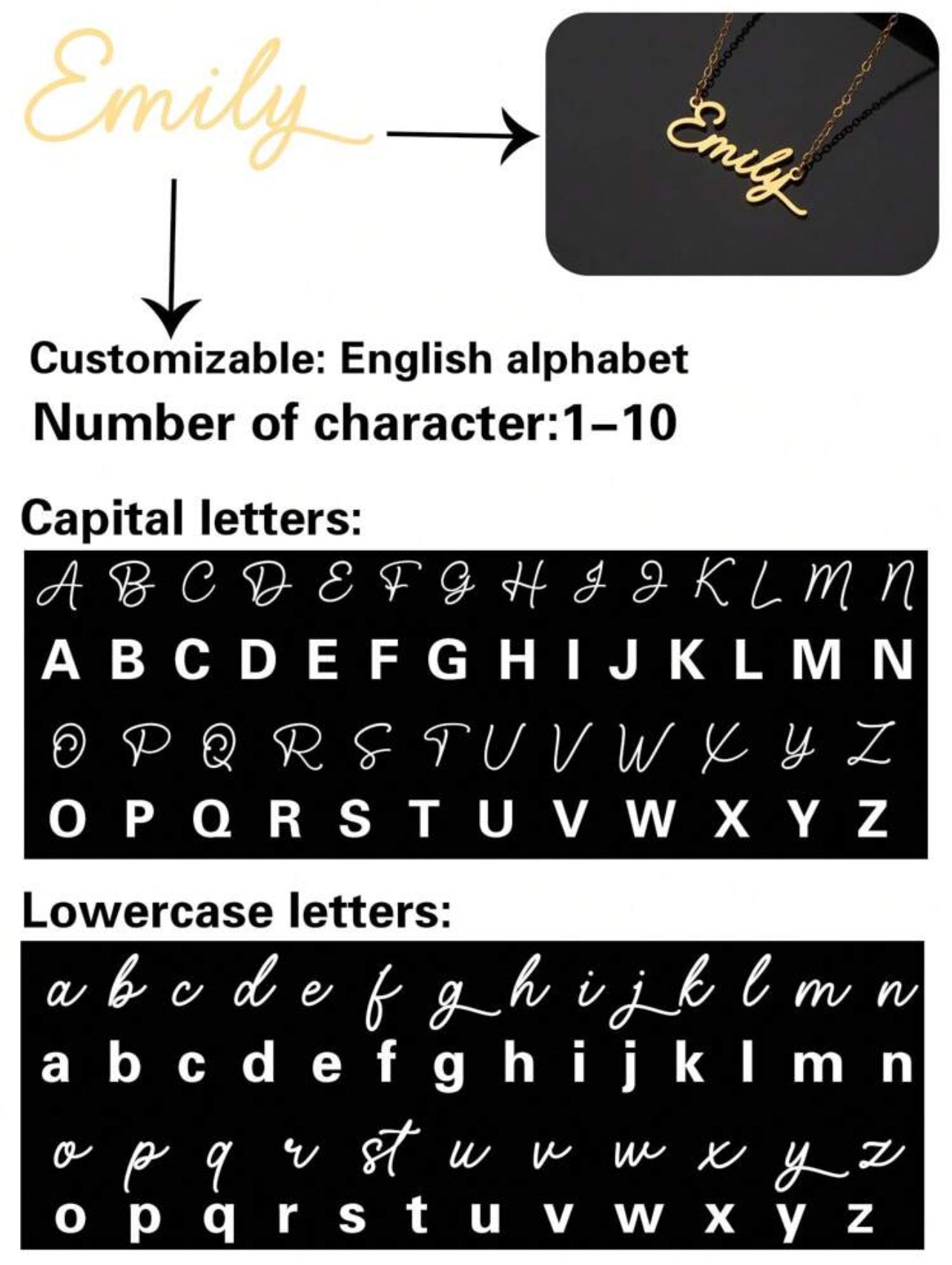 Collier en acier inoxydable avec nom personnalisé, police de l'alphabet anglais