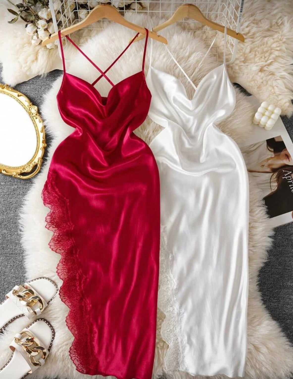 Ensemble de 2 pièces Sexy Dentelle Patchwork Fente Longue Robe de Nuit Babydoll Luxeloungewear