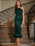 Robe À Encolure Halter Dos Nu À Bords Francs Et En Patchwork