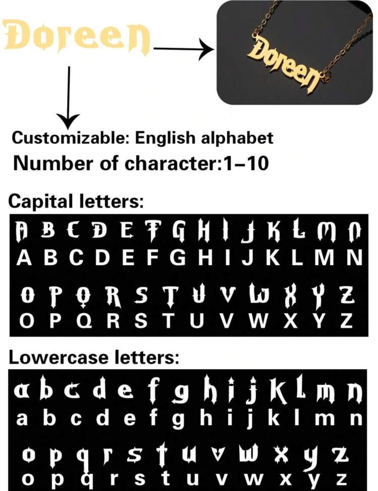 Collier en acier inoxydable avec nom personnalisé, police de l'alphabet anglais