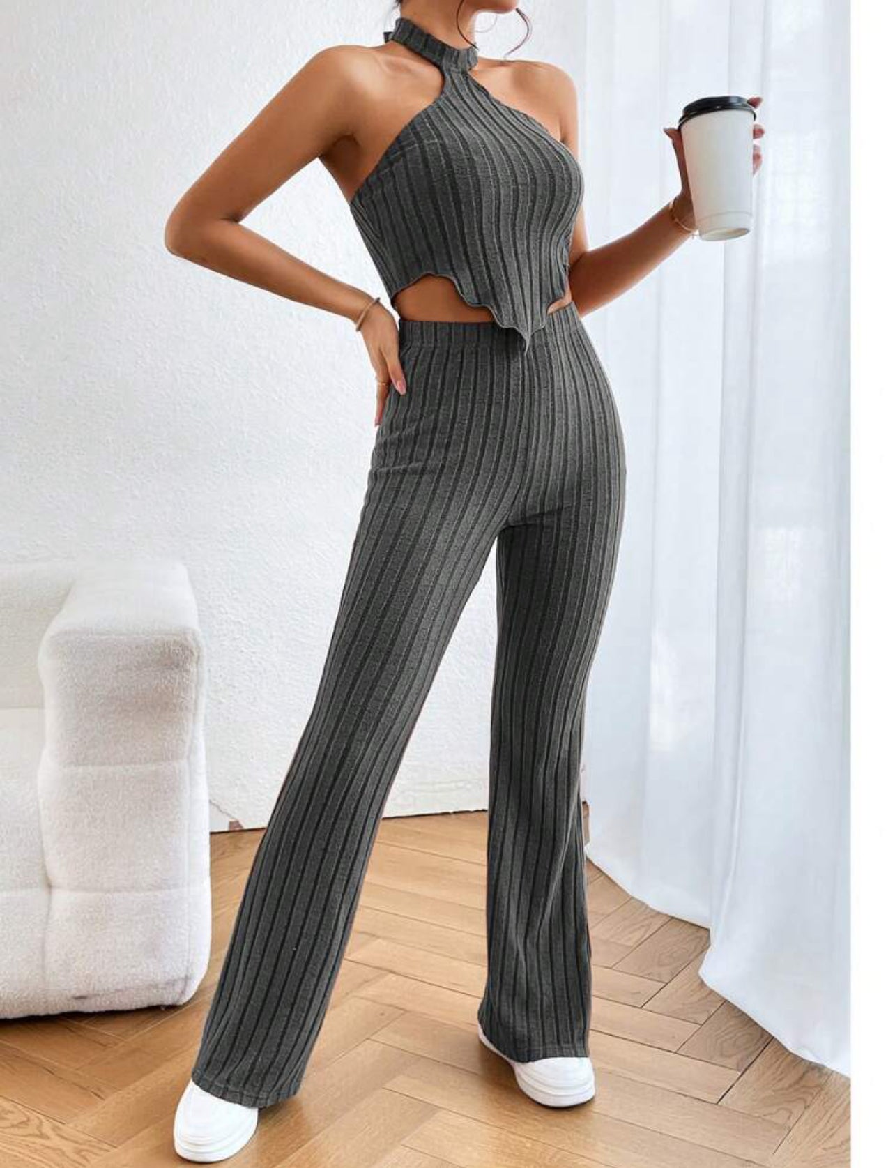 Ensemble Haut Et Pantalon Dos Nu À Ourlet Asymétrique