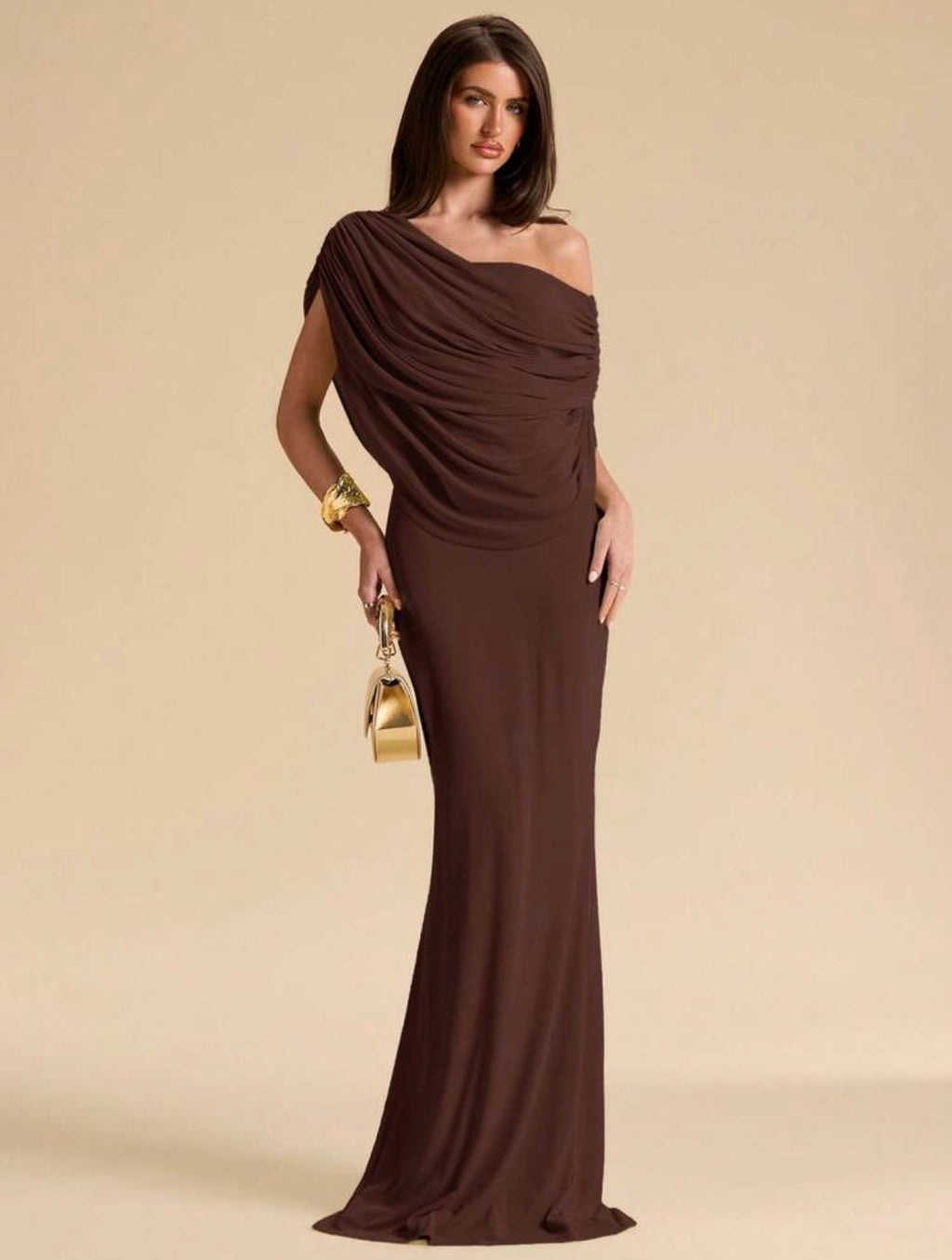 Chocolate Draped One-Shoulder Maxi Dress