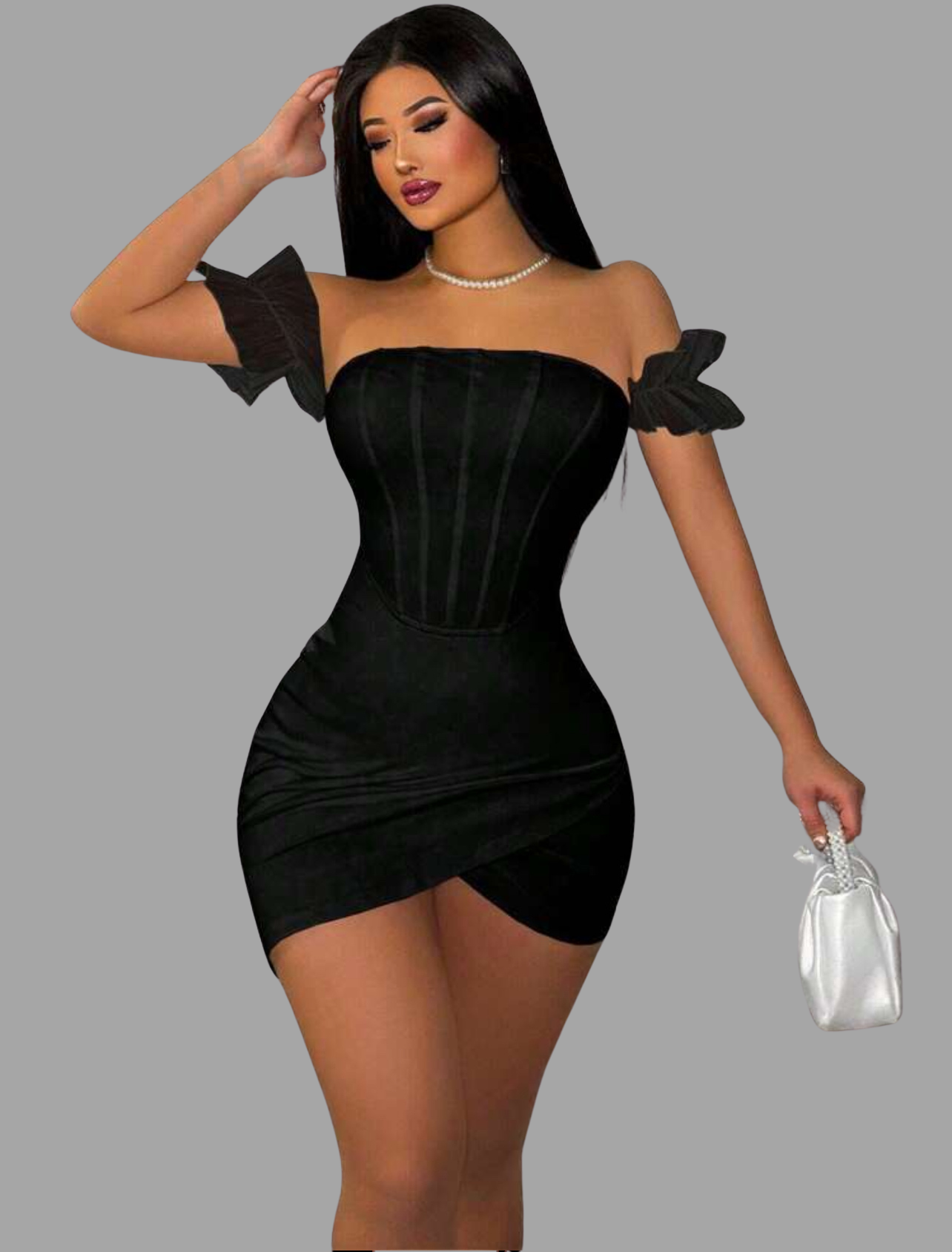 Black Bodycon Dress with Ruffle Detail Sleeves