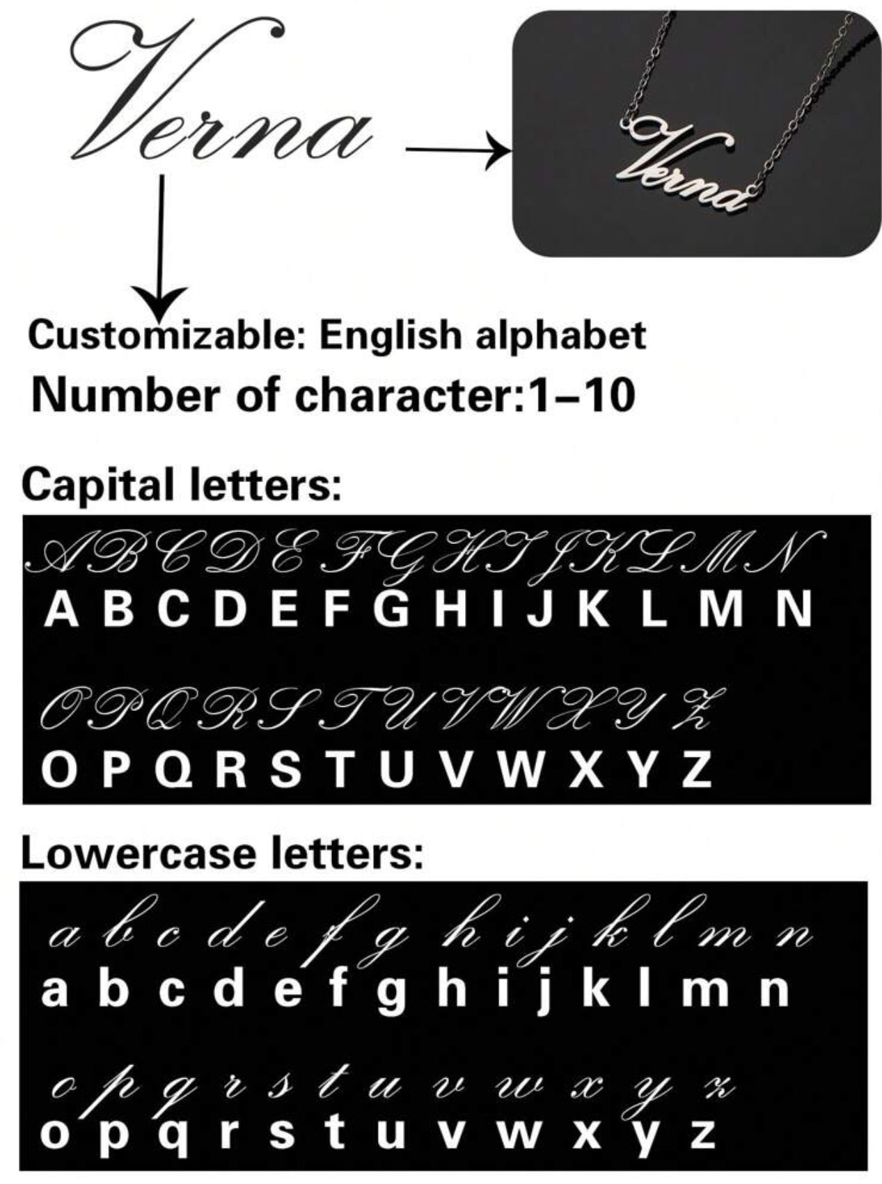 Collier en acier inoxydable avec nom personnalisé, police de l'alphabet anglais