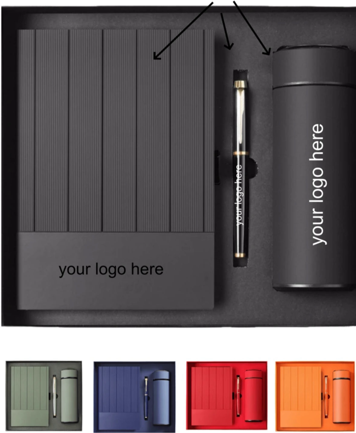 Coffret Cadeau de Luxe Personnalisé – Carnet A5, Stylo & Thermos