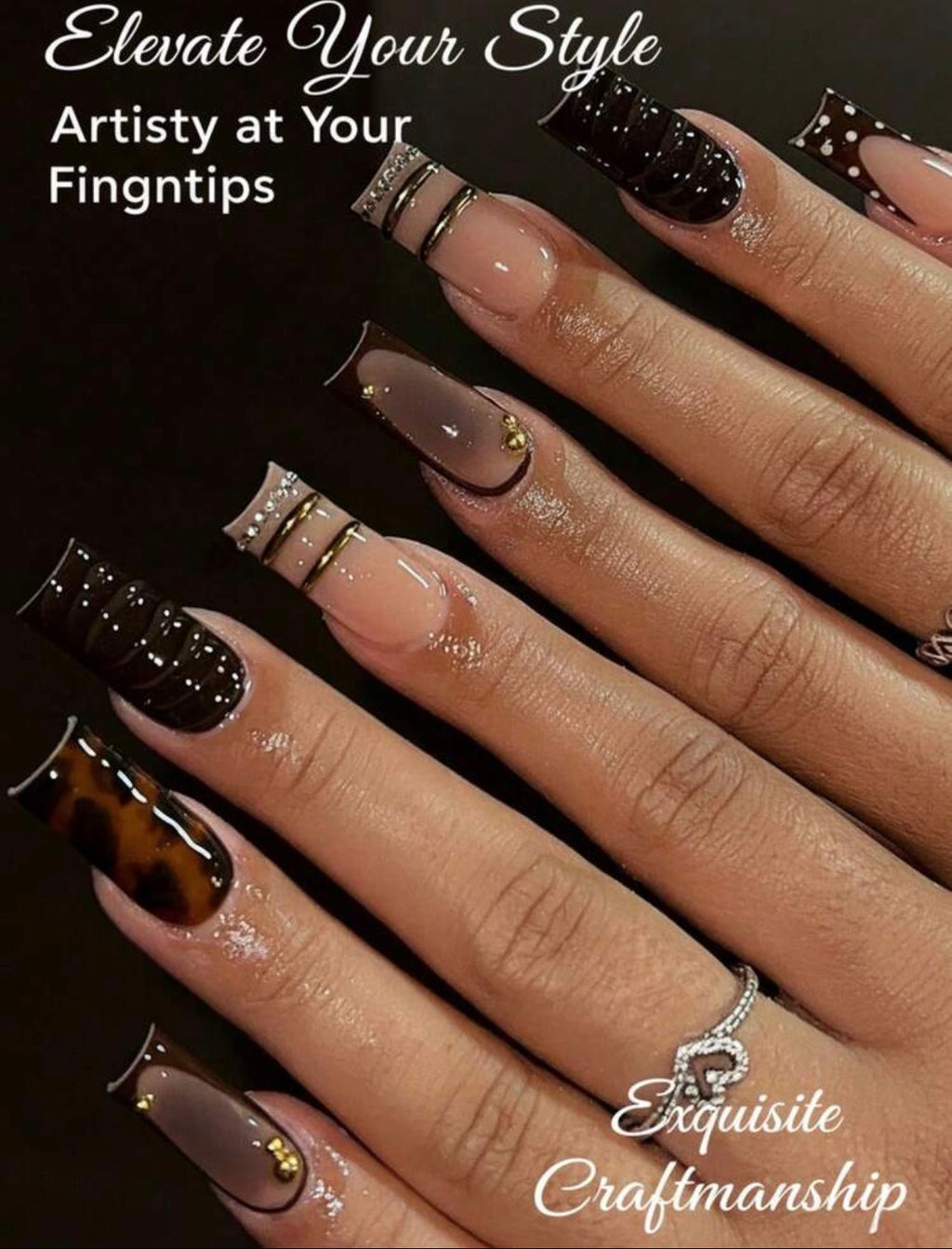 Press-On Nails Marron Chocolat & Or | Faux Ongles Réutilisables