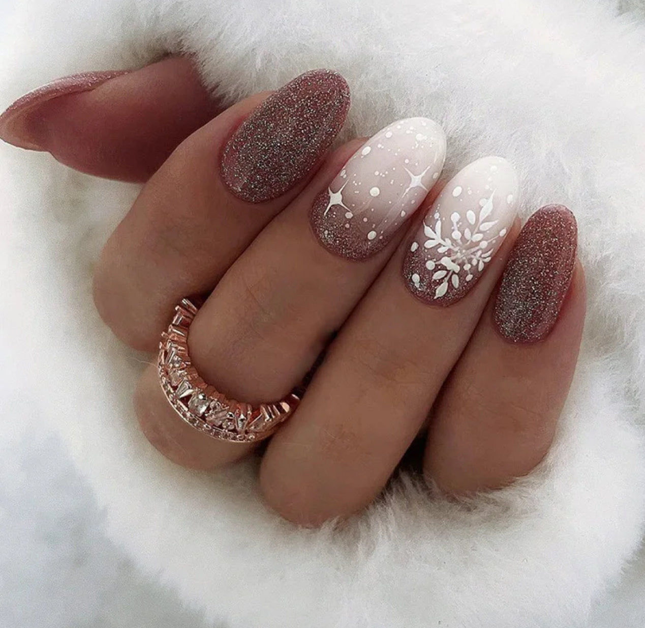Faux Ongles Bordeaux Dégradé Flocon De Neige Scintillant