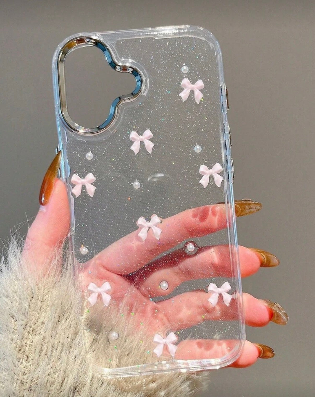 Coque Transparente Scintillante "Pink Bows" avec Perles – Édition Coquette