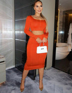 Ensemble De Deux Pièces T-shirt Court À Col Rond Couleur Unie Avec Coutures Apparentes Et Jupe Cintrée