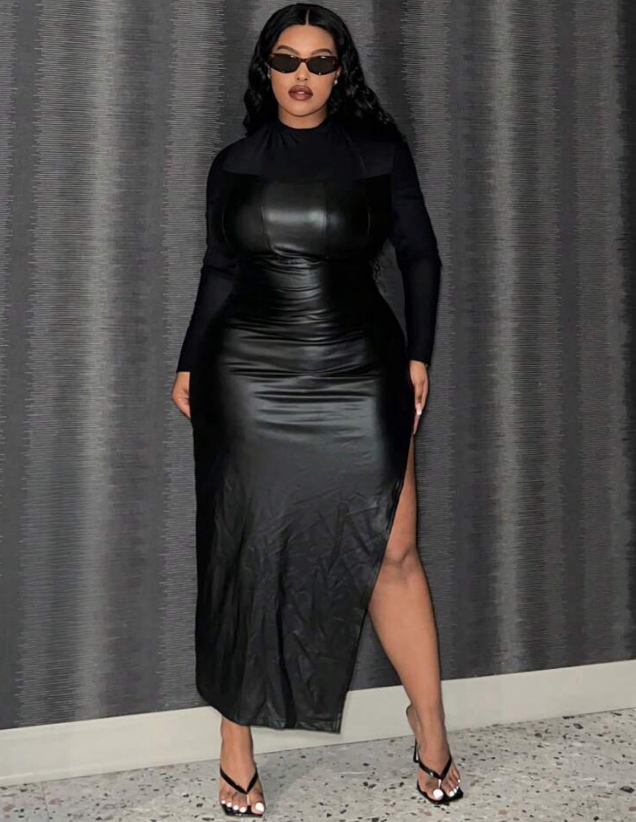 Plus Size Pu Leather Dress Split Hem Long Sleeve Mesh Top