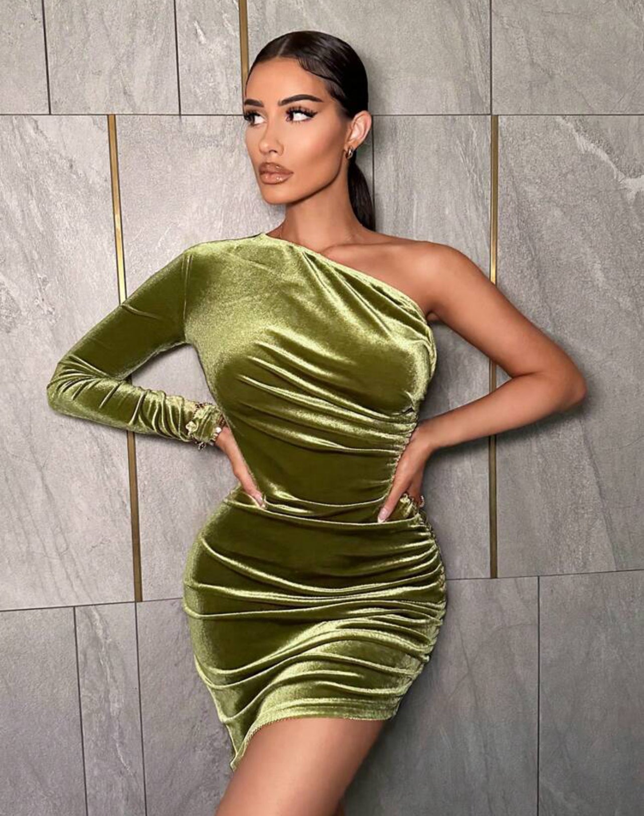 Green Sexy Warm Velvet Winter Dress, Ruched One Shoulder Women Dress