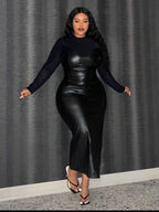 Plus Size Pu Leather Dress Split Hem Long Sleeve Mesh Top
