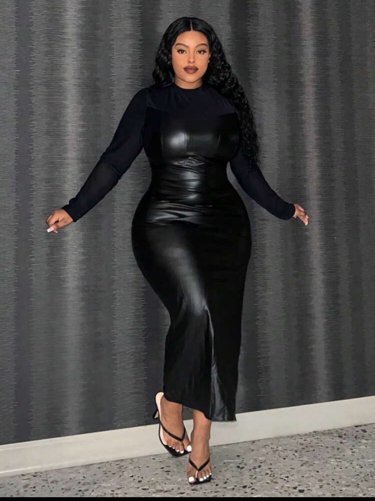 Plus Size Pu Leather Dress Split Hem Long Sleeve Mesh Top