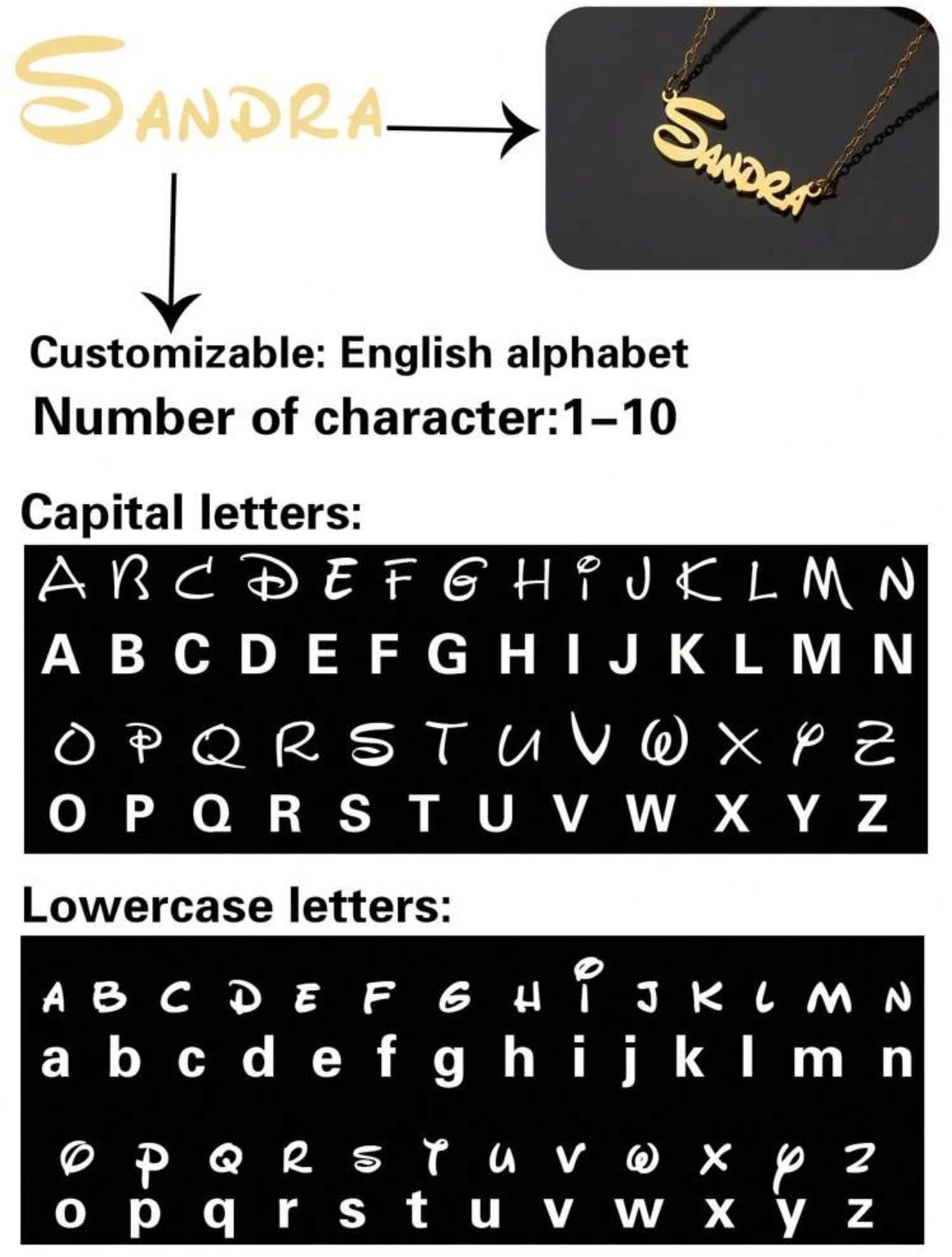 Collier en acier inoxydable avec nom personnalisé, police de l'alphabet anglais