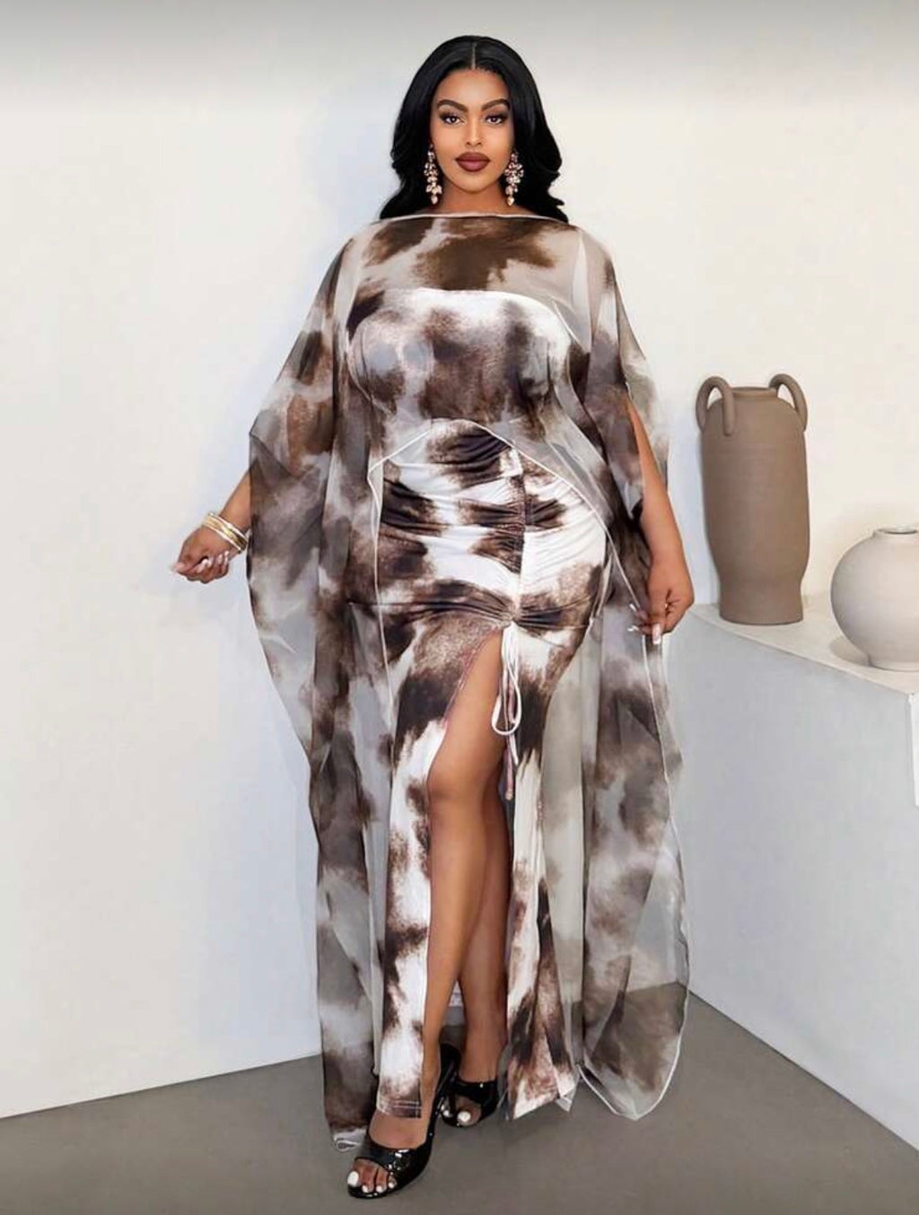 “Aura” Marble-Print Chiffon Maxi Dress – 2-in-1 Set with Organza Cape
