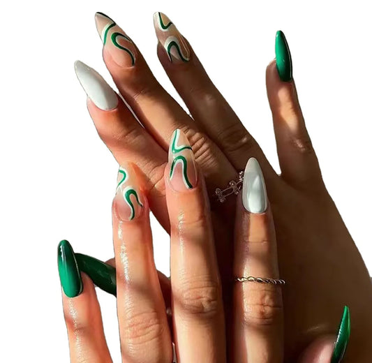 24 faux ongles réutilisables verts design