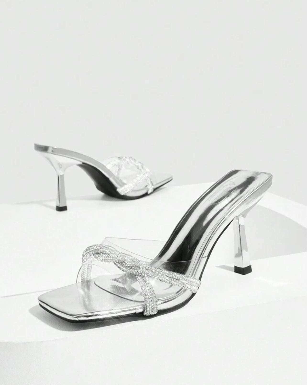 Silver Mules with Heels and Rhinestones - Elegance and Shine