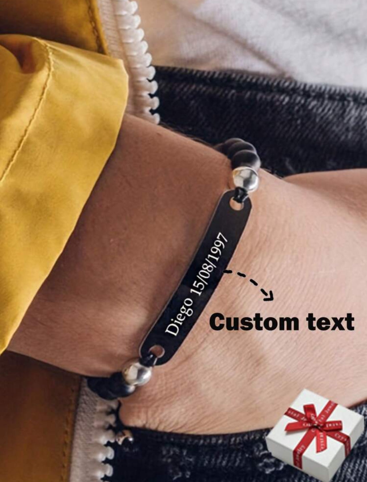 Bracelet de couple en perle avec date gravable