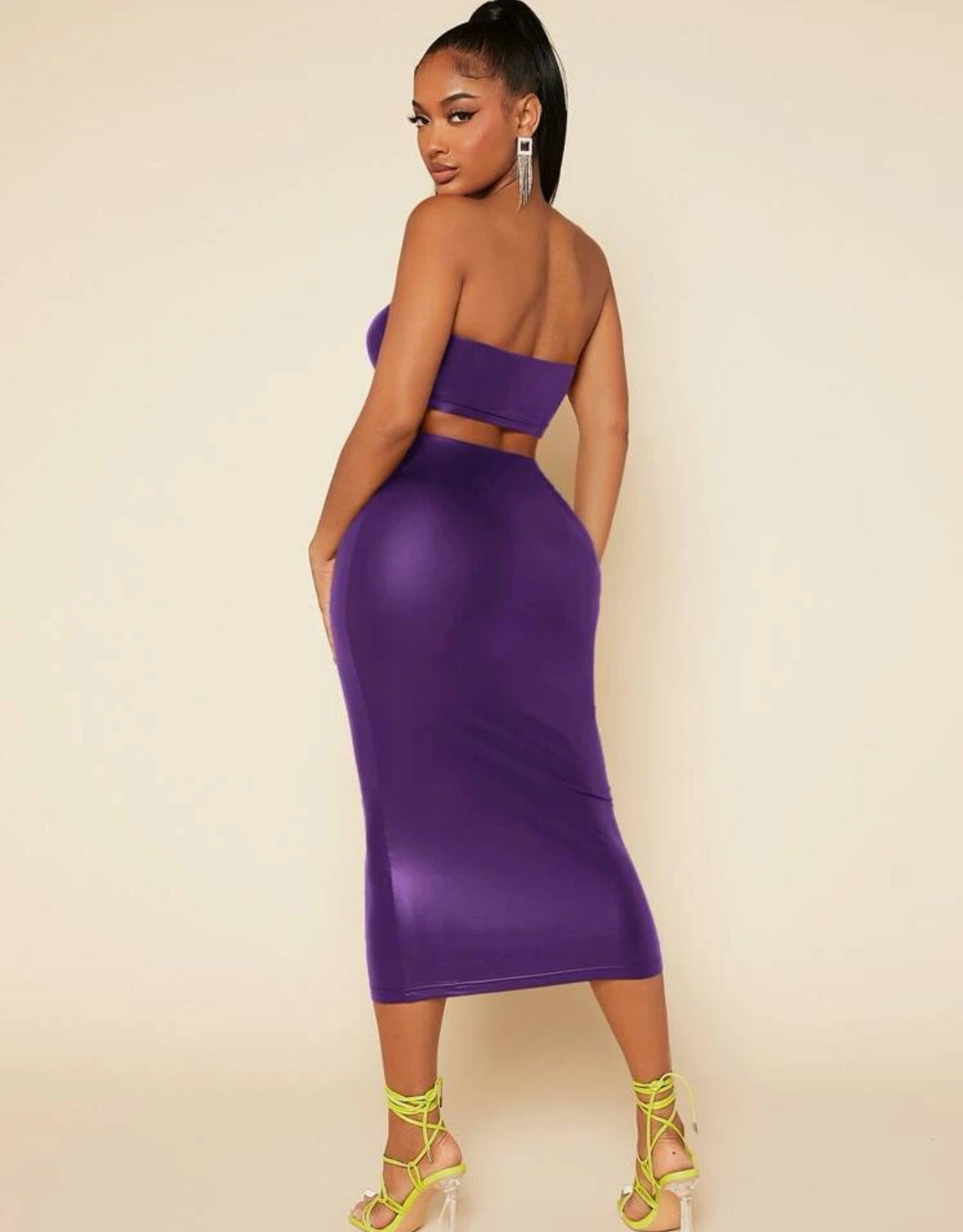 Top bandeau court en cuir PU & Jupe crayon