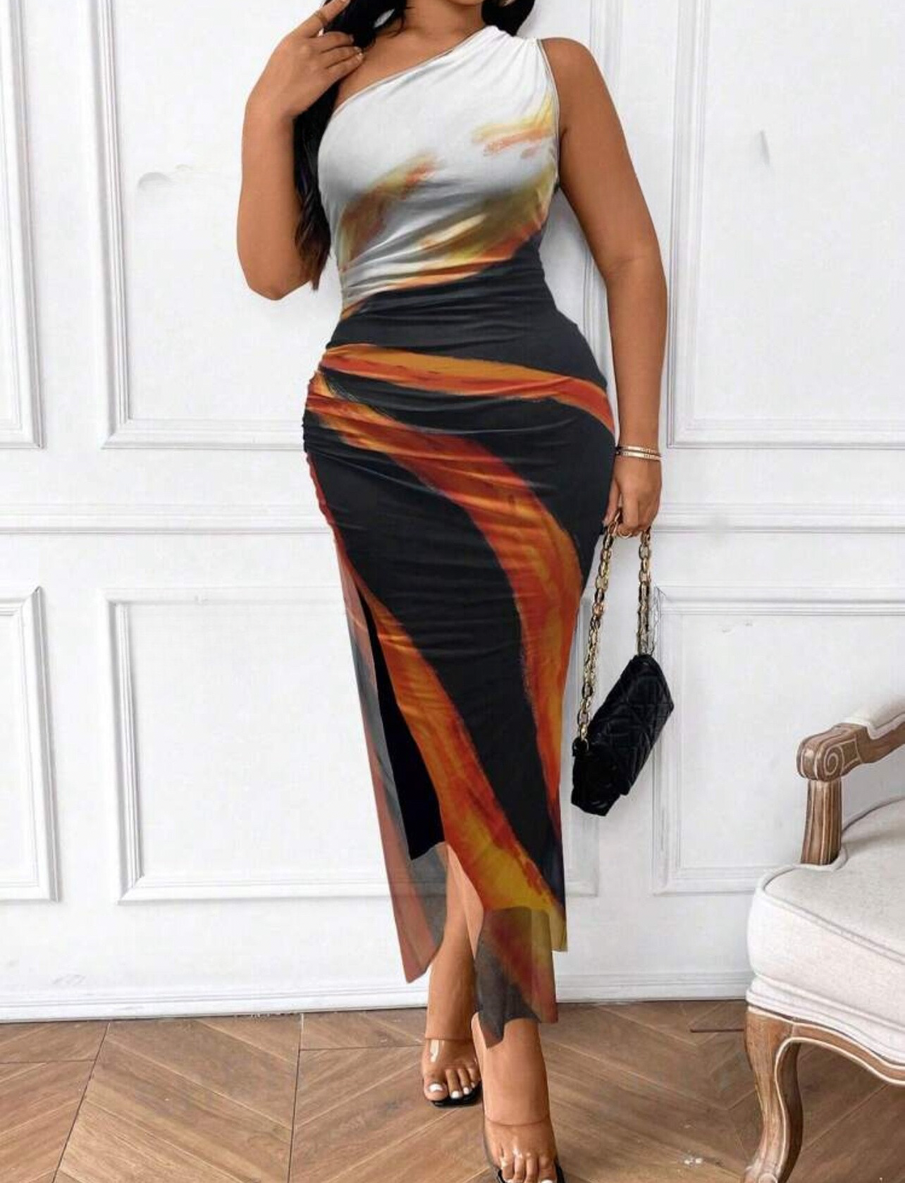 Robe à col asymétrique quotidien simple à imprimé aléatoire grande taille