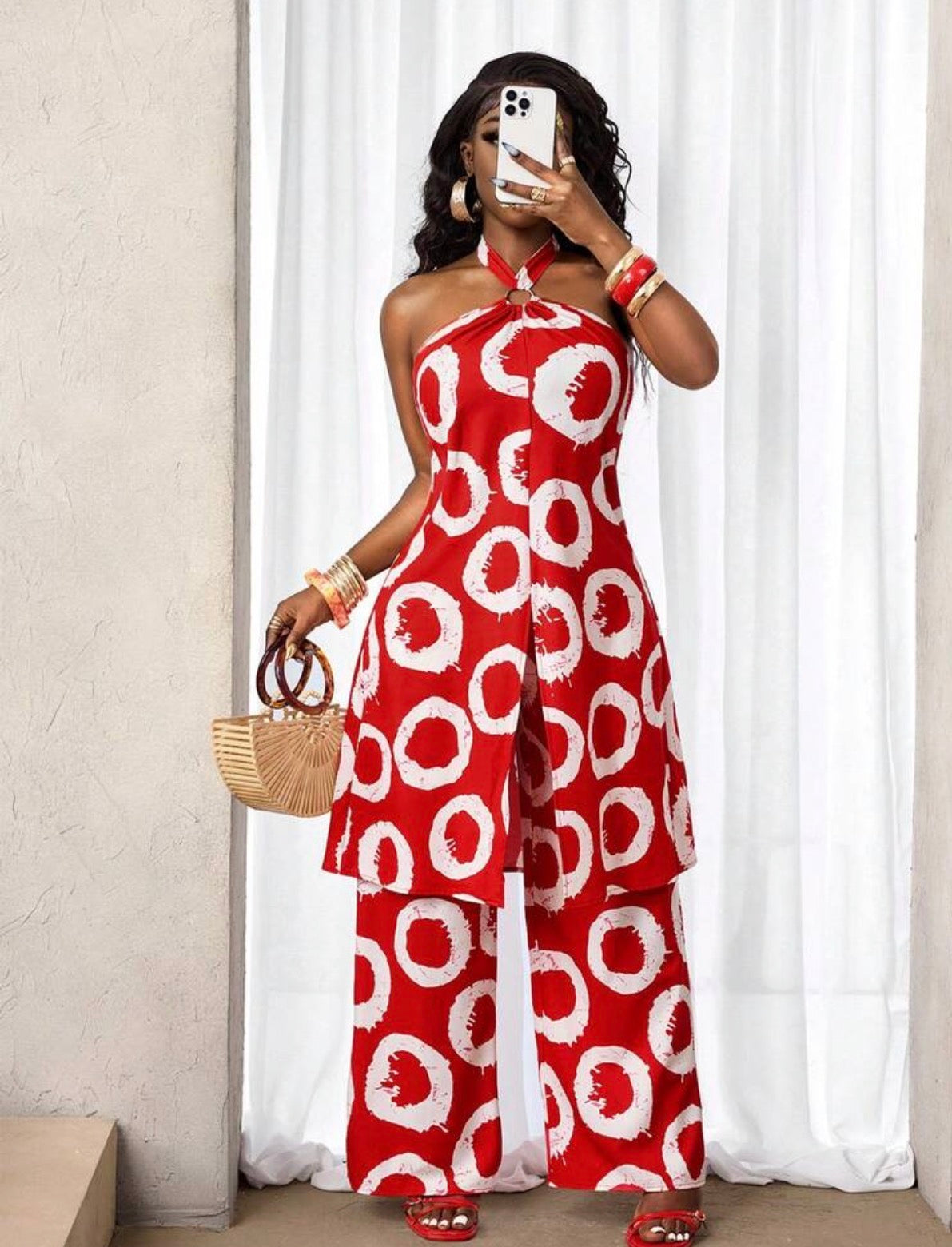 Ensemble Tunique Fendue et Pantalon Large - Rouge Flamboyant à Cercles Blancs