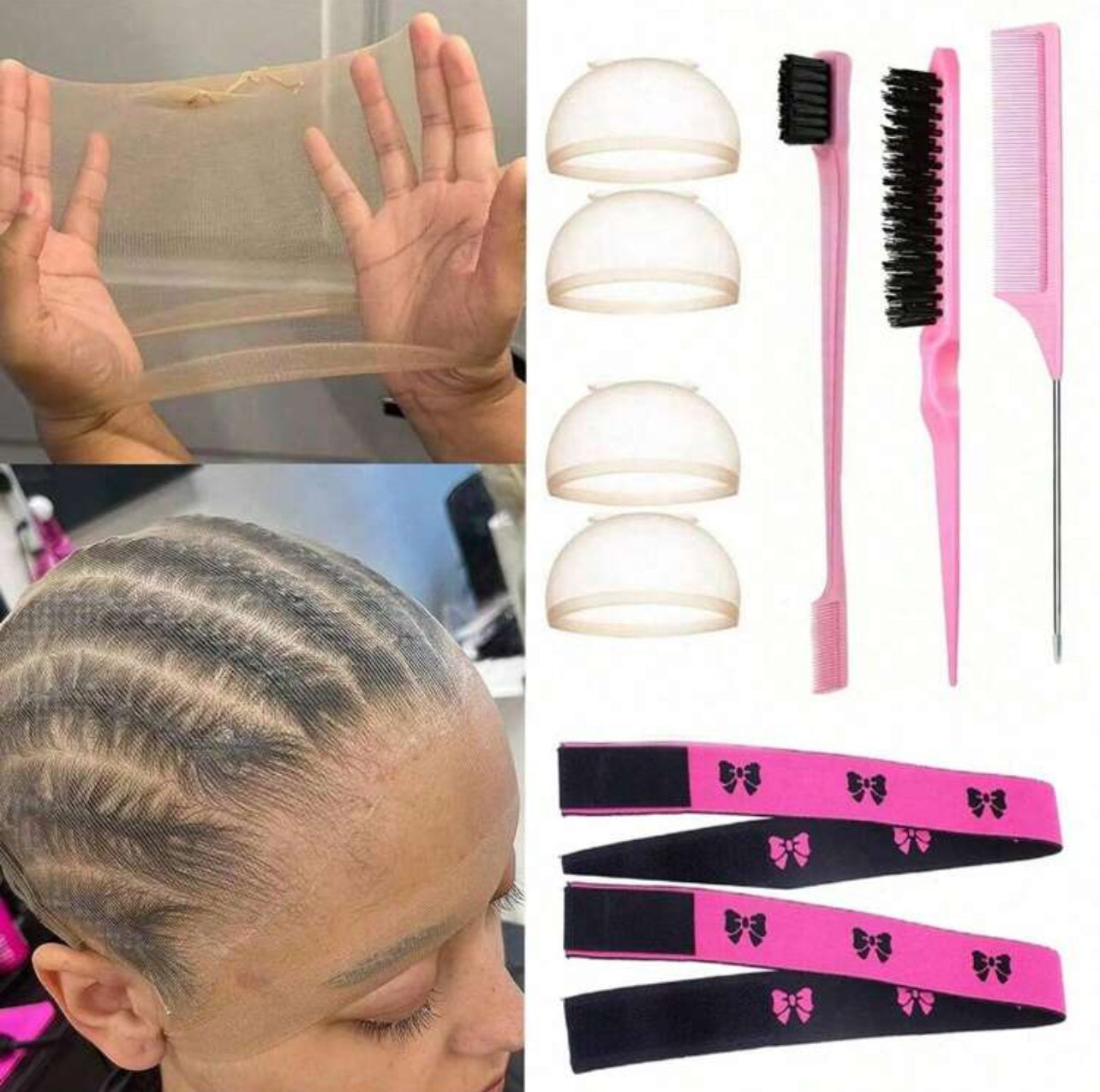 Lot de 4 bonnets de perruque HD pour perruque Lace Front avec 2 bandes de perruque, et 3 pièces de brosse à cheveux rose clair