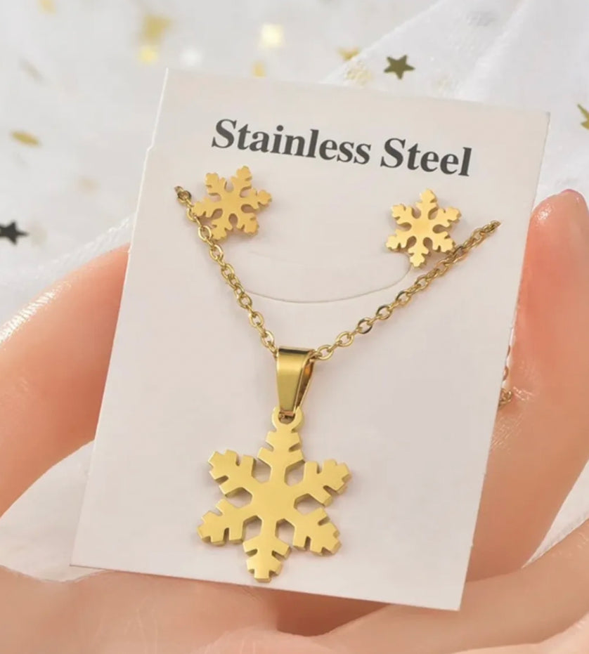 Ensemble Collier et Boucles d'Oreilles Flocon en Acier Inoxydable