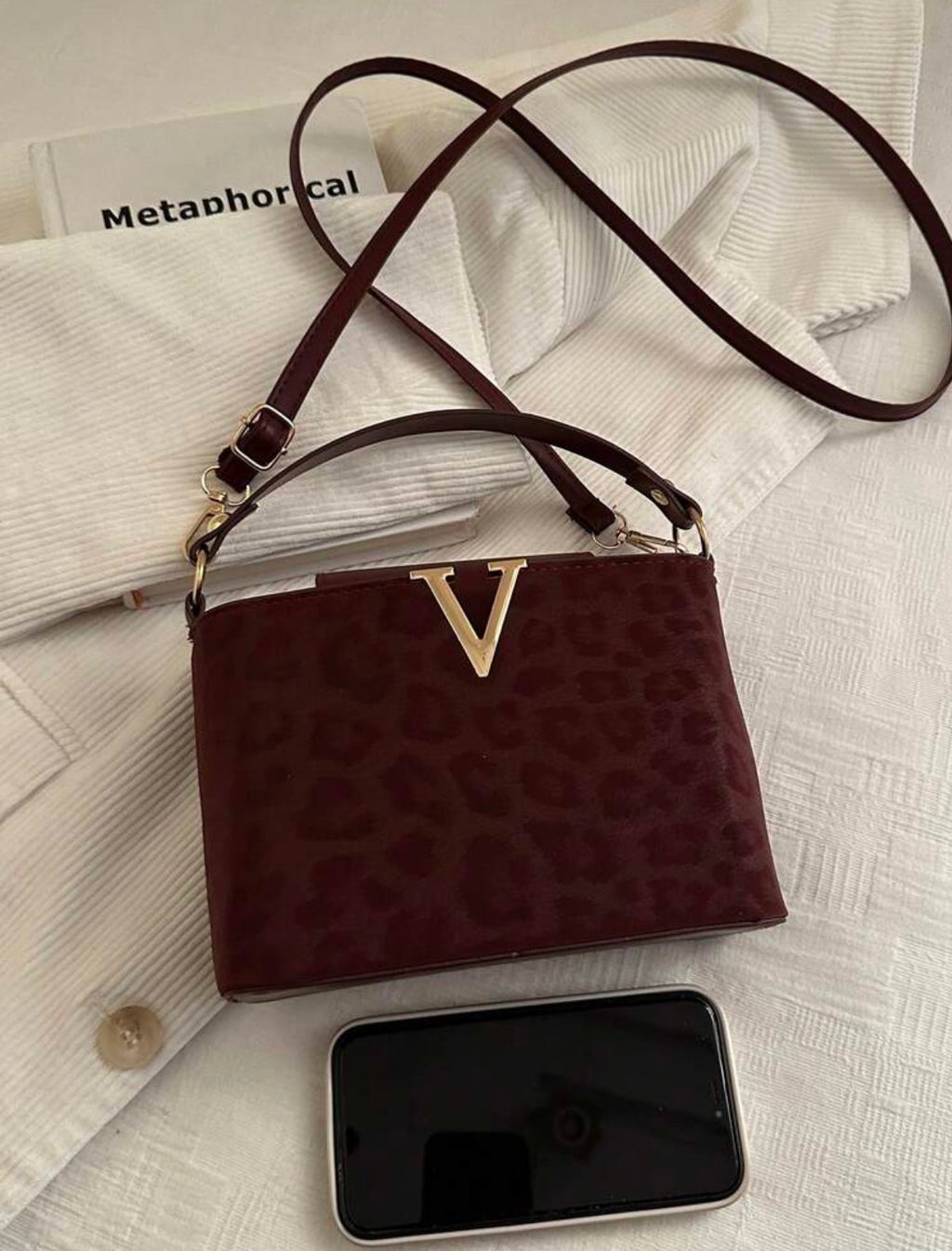 Small Leopard Velvet Handbag – Burgundy with V Clasp