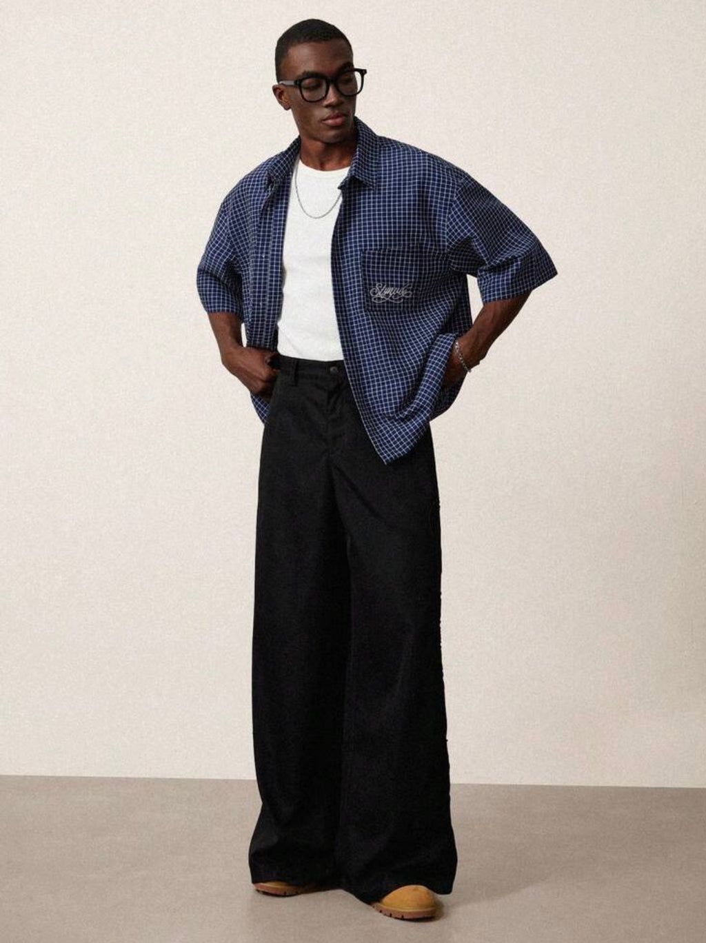 Chemise Homme Oversize à Carreaux Brodée – Manches Courtes Style Streetwear Vintage