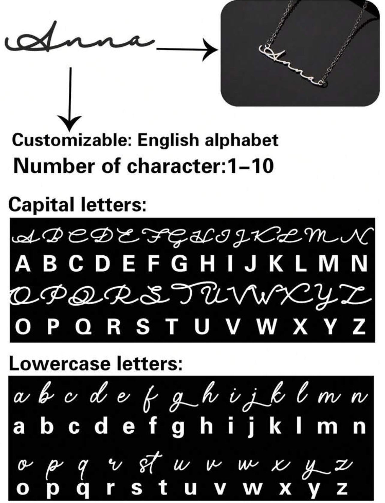 Collier en acier inoxydable avec nom personnalisé, police de l'alphabet anglais