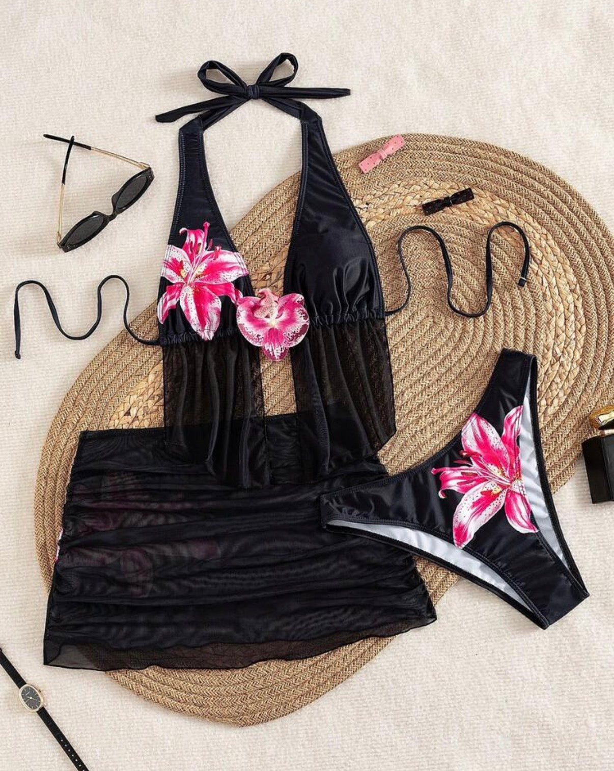 Ensemble Maillot de Bain 3 Pièces Floral & Voile de Plage