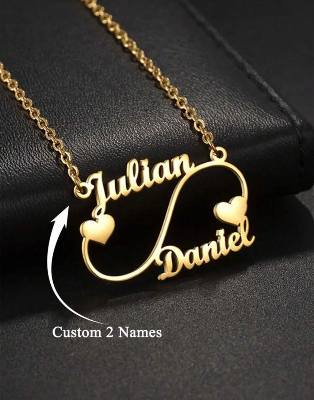 Collier Infinity Personnalisé avec Deux Noms et Cœurs