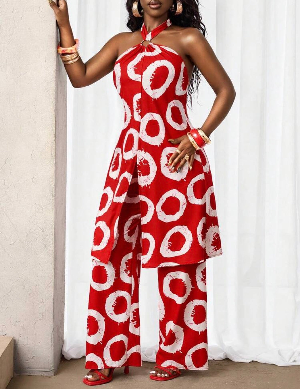 Ensemble Tunique Fendue et Pantalon Large - Rouge Flamboyant à Cercles Blancs