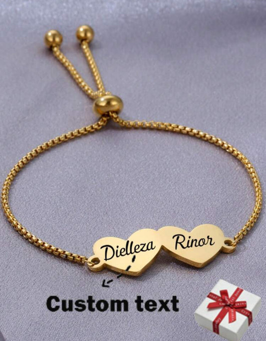 Bracelet de couple gravé en acier inoxydable personnalisé or/argent double nom et double cœur, cadeau personnalisé