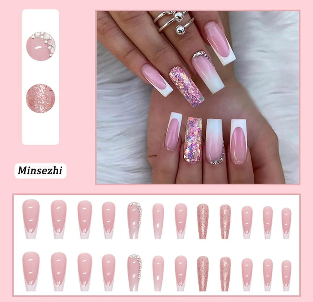 Faux Ongles Dégradé Rose Nude avec Strass