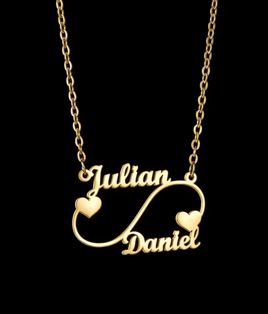 Collier Infinity Personnalisé avec Deux Noms et Cœurs