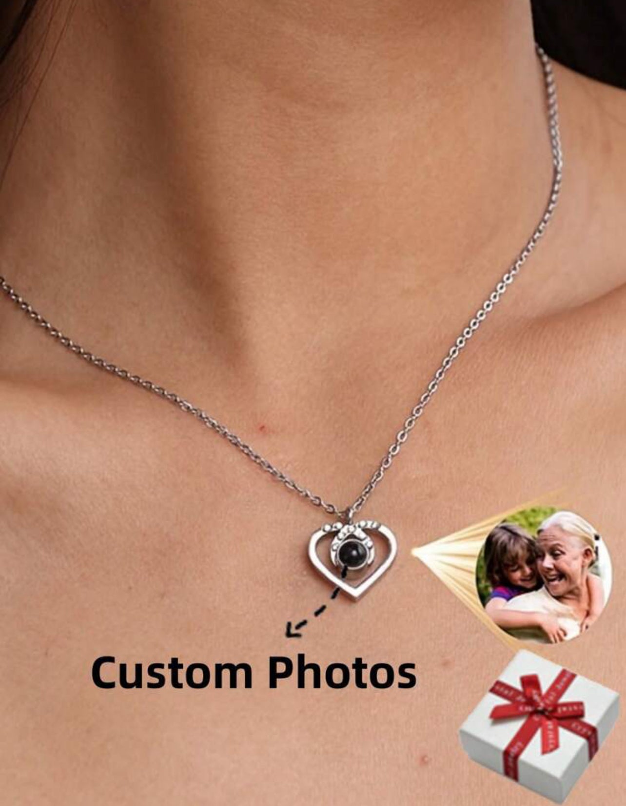 Projection photo personnalisée Collier pendentif en zircon cubique en forme de cœur