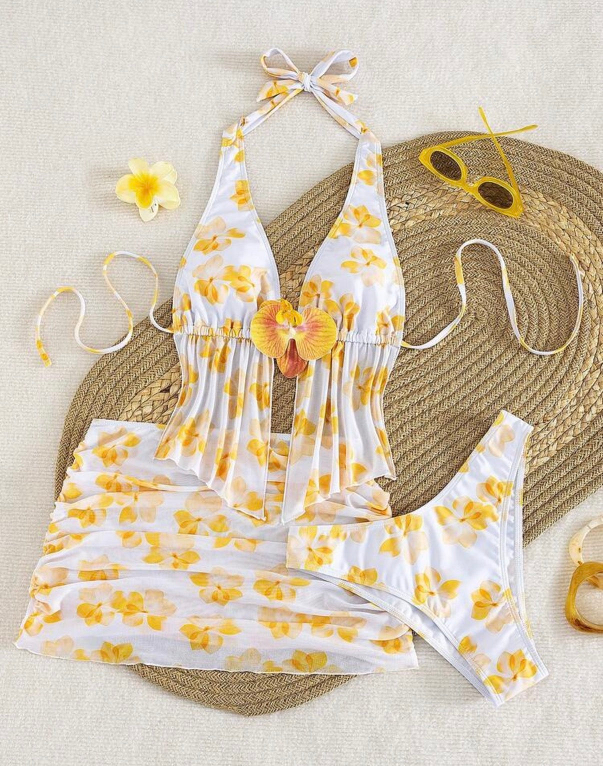 Ensemble Maillot de Bain 3 Pièces Floral & Voile de Plage