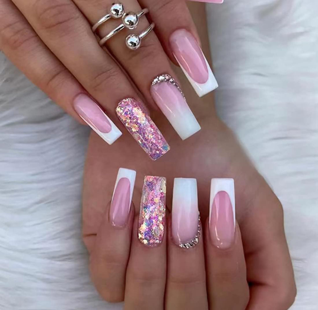 Faux Ongles Dégradé Rose Nude avec Strass