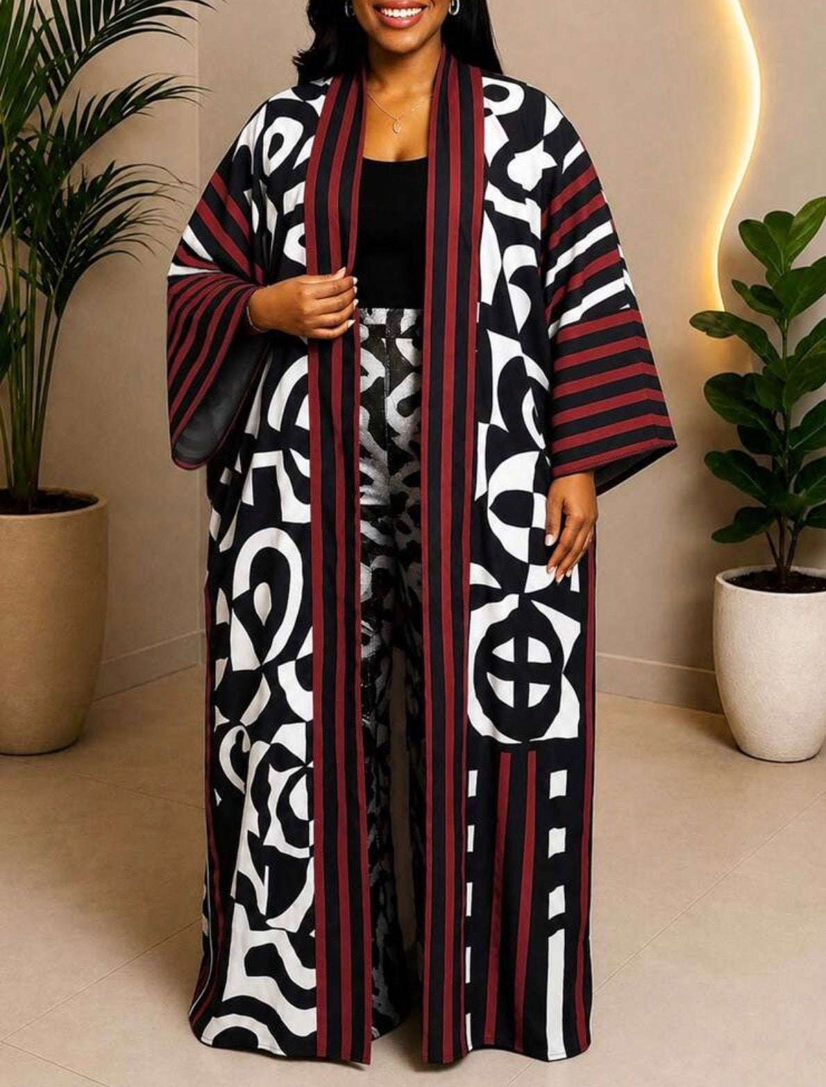 Kimono Long Imprimé Graphique Black & Burgundy – Kimono Flow Elegant