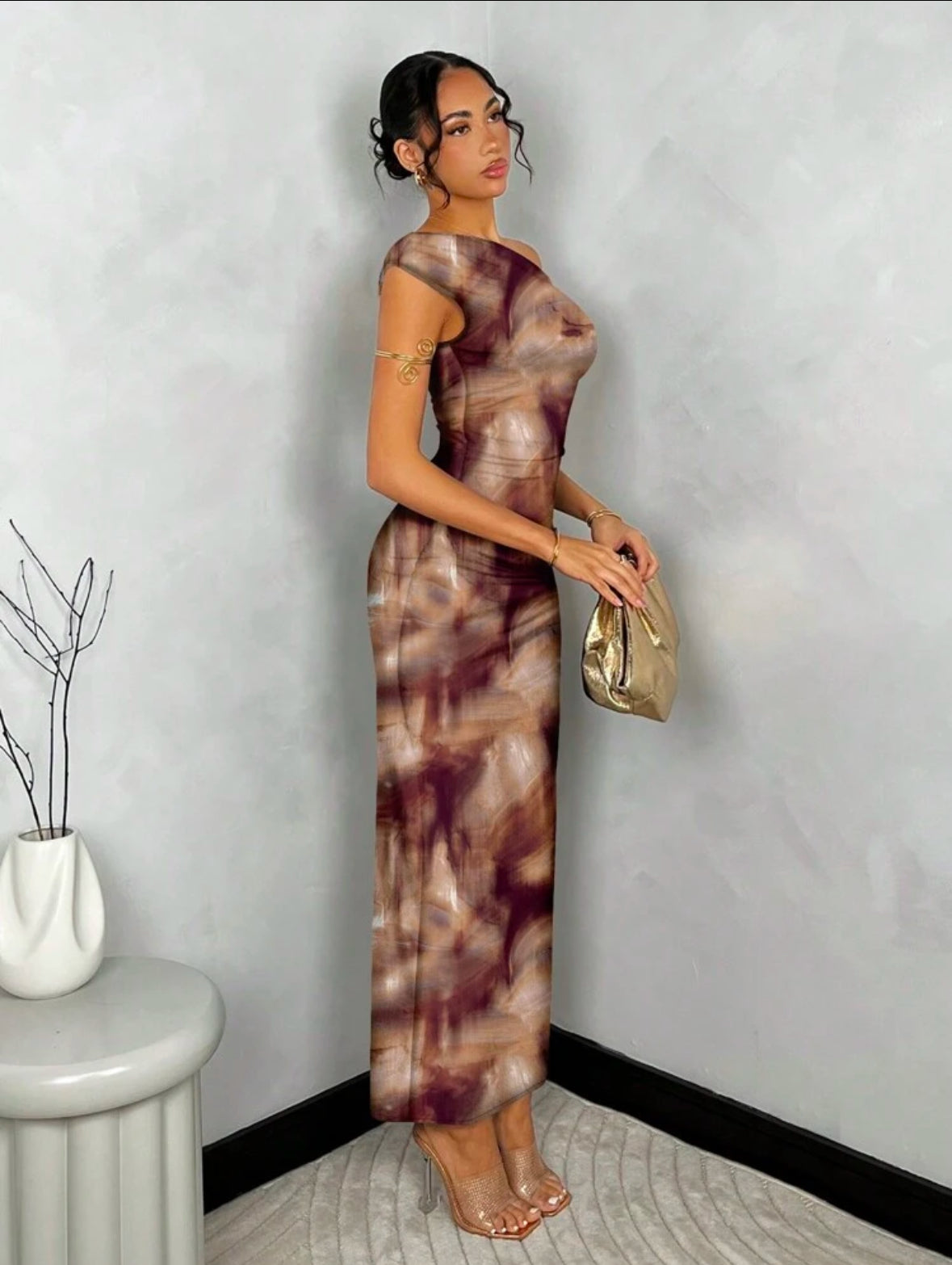 Asymmetrical Long Dress - Marble Effect