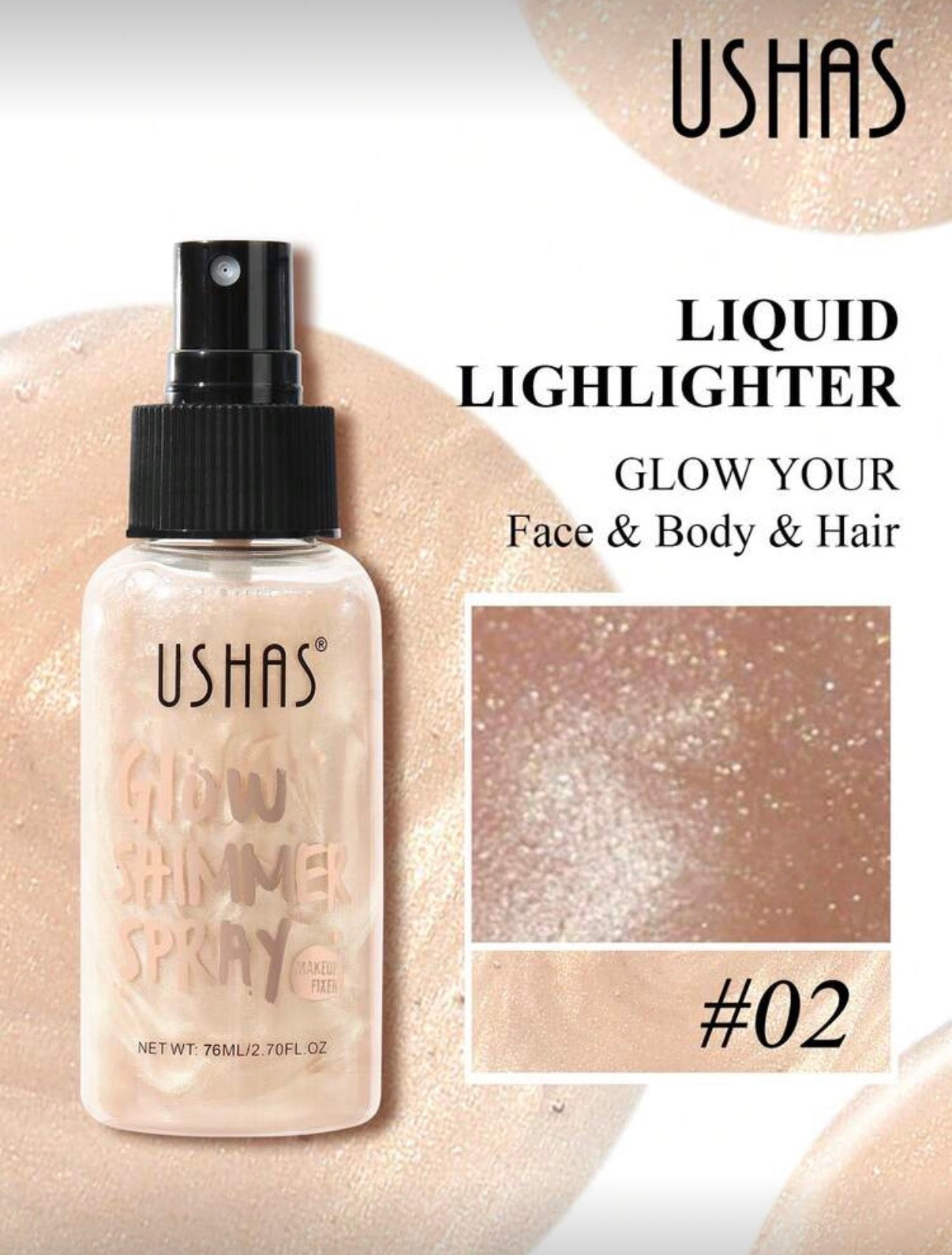 Ushas Glow Shimmer Spray – Brume Illuminatrice Visage, Corps & Cheveux (76ml)