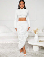 Ensemble 2 pièces pour femmes, haut court blanc et jupe à ourlet irrégulier, Style anniversaire/saint-valentin, avec ourlet à volants